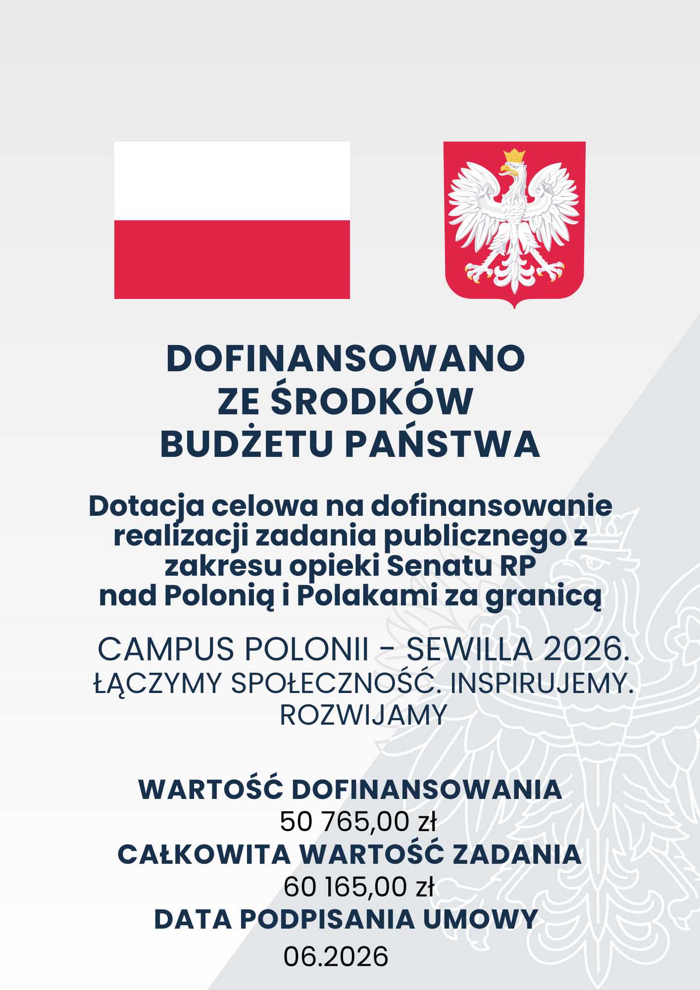 Campus Polonii - Sewilla 2026. Dofinansowanie 50 765,00 zł. Całkowita wartość zadania 60 165,00 zł.