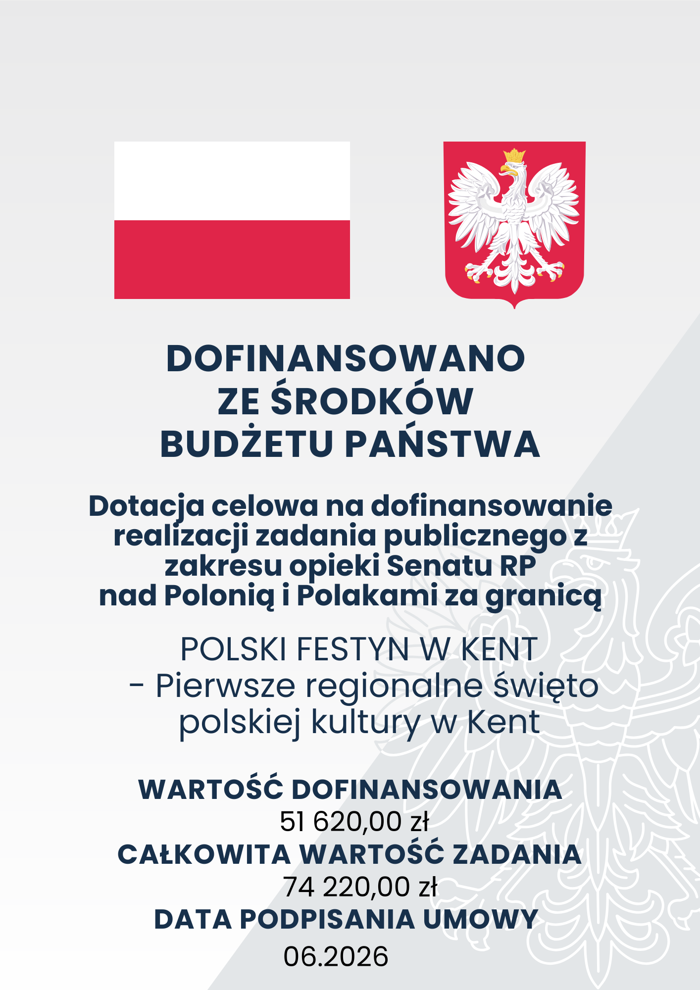 Polski Festyn w Kent. Dotacja 51 620 zł, wartość zadania 74 220 zł.